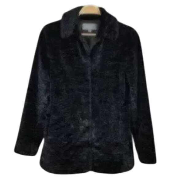 Ann Taylor Black Fur Peter Pan Collar Single Breasted Pea Coat - Picture 1 of 4